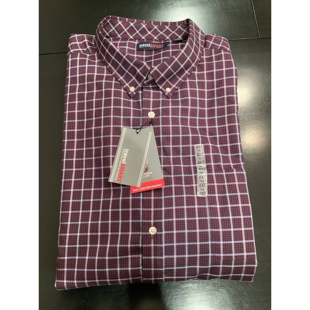 Mens NWT Button Down Shirt 4XT TravelSmart Burgundy Navy Plaid